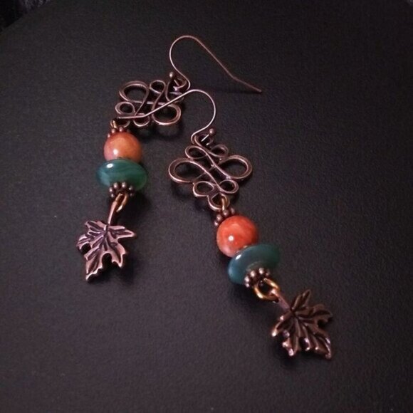 Stacked Beads + Copper Filigree + Maple Leaf Earrings - Unique Autumn Earrings - Picture 4 of 8